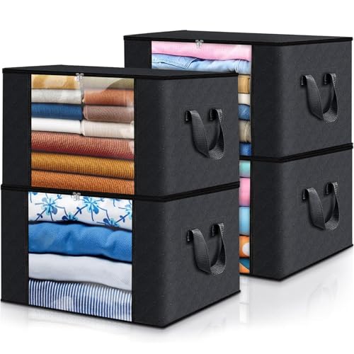 Image of Fab totes Storage Bags,Clothes Blanket Storage Bins Foldable Closet Organizers with Reinforced Handle for Home Dorm Storage and Organization,Fabric Bags for Organizing Sheets,Clothing (Black,4 Pack)