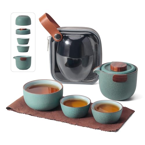 Breleidy Portable Kungfu Teapot Set, Ceramic Gongfu Tea set with 3 cup for One Set in Travel Bag,...