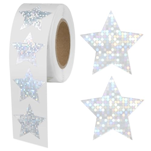 500 holografische, silberne Sternenaufkleber, 1 Rolle (2,5 cm große, glitzernde Foliensterne) für Verhaltensdiagramme, Schülerplaner und Unterrichtsmaterialien.
