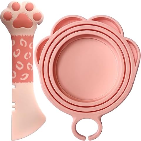 ScivoKaval Cat Food Can Lid Cover Pet Food Can Cover Wet Cat Food Spoon Dog Can Lids Paw Shape One Lid One Spoon Pack Can Opener Set Universal Pink Cover