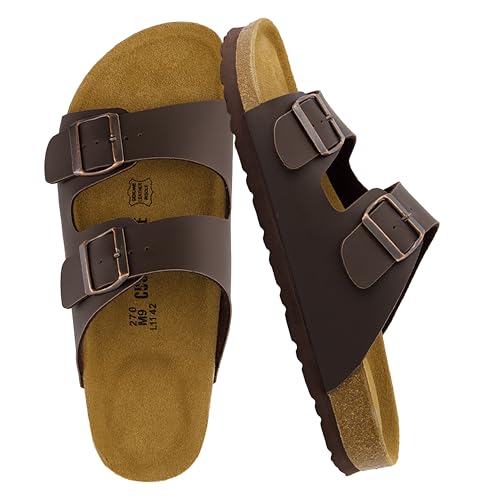 Image of CUSHIONAIRE Lane Cork Footbed Mens Sandals, Adjustable Buckle Comfort Slides for Men, Genuine Leather Insole Summer Sandals Men Footwear, BROWN 10
