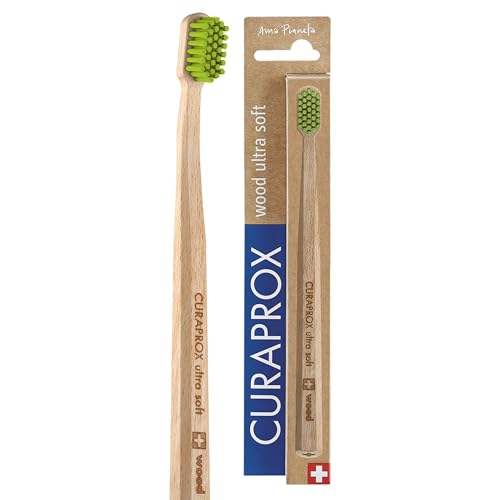 Curaprox CS Wood Toothbrush-Per igiene orale ecologica/Rimozione della placca ultra-morbida/Manico in legno di faggio verde/Confezione singola/Made in Switzerland