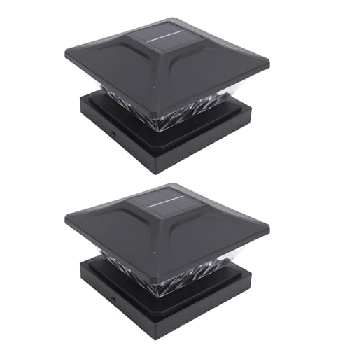 Solar Deck Fence Cap Light 2 Pack Solar Post Light LED Warm and White Lighting Weather Proof Solar Powered for Patio Porch with ABS Transparent Design (Black)