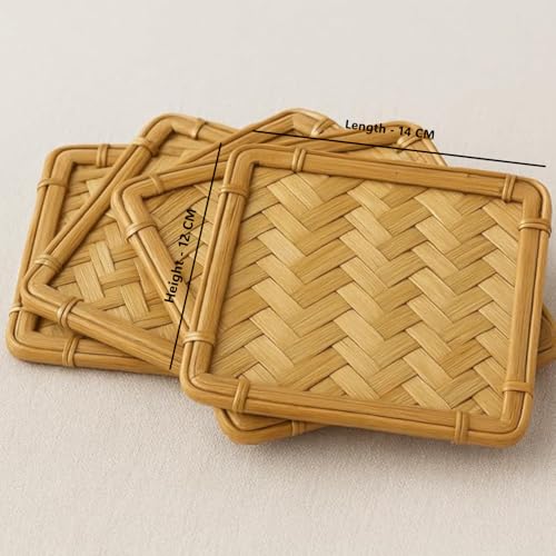 Image of Saras Aajeevika 6 Pc Set of Eco Friendly Handmade Bamboo Sqaure Curved Coaster /Coster Holder for Kitchen Decor Hot Pots, Tea Cups, Coffee Mugs, Glasses Coaster Sets
