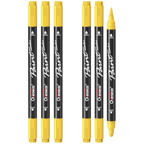Overseas Yellow Acrylic Paint Markers 6 Pack Dual Tip Paint Pens Acrylic Markers - Dot and Brush Tip Coloring Marker for Wood Rock Canvas Glass Metal Plastic Rubber Fabric School Supplies