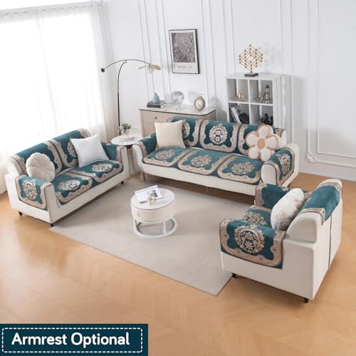 Image of HOKIPO Shahi Teal Premium Chenille Jacquard Sofa Cover 6 Seater Set - Washable 3+2+1 Sofa Panel for Seat & Back | 'Royal Aangan Series' (IN-1008 * 2 + IN-1007 * 2 + IN-1006 * 2-L2)