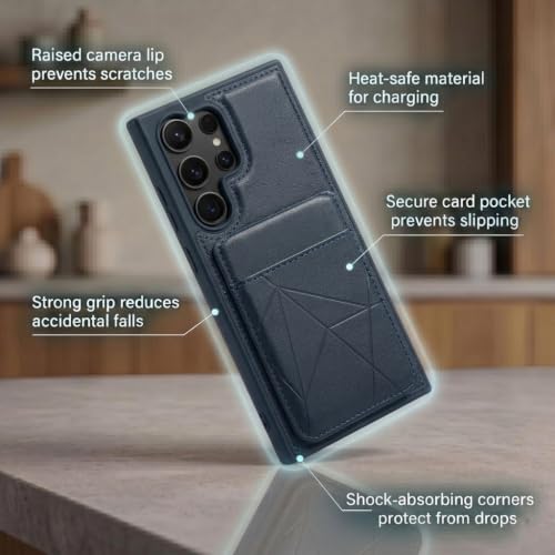 Image of amazon basics Premium Vegan Leather Back Cover with Card Holder and Integrated Mobile Stand for Samsung Galaxy S23 Ultra 5G - Slim Shockproof Wallet Case with Geometric Stitching [Blue]