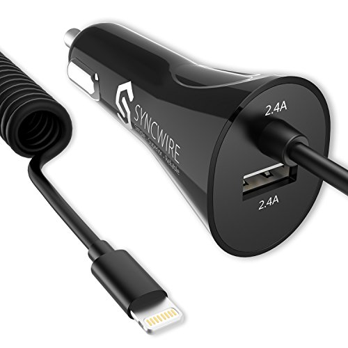 iPhone Car Charger - Syncwire 4.8A/24W USB Car Charger Adapter with Coiled MFI Lightning Cable for iPhone Xs, XS Max, XR, X, 8, 8 Plus, 7, 7 Plus, 6s, 6s Plus, iPad & More - Black