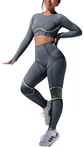 Stylishine Women 2 Piece Sets Workout Long Crop Tops Butt Lift Bodycon Leggings Gym Yoga Outfits Grey