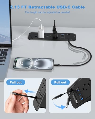 Recessed Power Strip with Retractable USB C Cable,2 PD 65W USB C Fast Charging,Flush Mount Countertop Drawer Outlet, Furniture Hidden Outlet for Side Table,End Table,3 Outlets (Black, 6FT-65W)