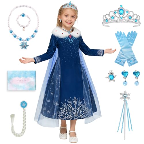 TOSZOLY Disfraz Princesa Niña Invierno, Vestido de Princesa Abrigado Azul, Disfraz Princesas Cálido de Manga Larga con Corona y Collar para Cumpleaños, Invierno Fiesta De Navidad, Carnaval (120)