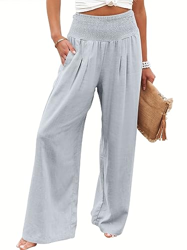 Image of ANRABESS Women Linen Palazzo Pants Summer Boho Wide Leg High Waist Casual Lounge Pant 2026 Beach Travel Vacation Outfits