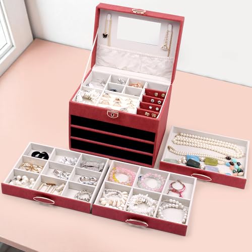 Image of BucketList Luxury PU Leather Jewellery Organizer Box with Mirror & Lock | 3 Drawer Jewelry Storage Case with Ring Rolls & Compartments (4 Drawers Jewelry Box with Mirror (Red))