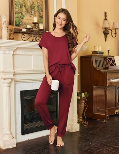 Image of Ekouaer Lounge Sets for Women 2 Piece Pajamas Short Sleeve Tops and Long Pants Jogger Pjs Tracksuit Set,Wine,XXL