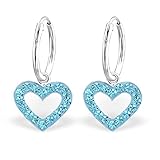 925 Sterling Silver Aquamarine Crystal Heart Dangling Hoop Earrings 24991