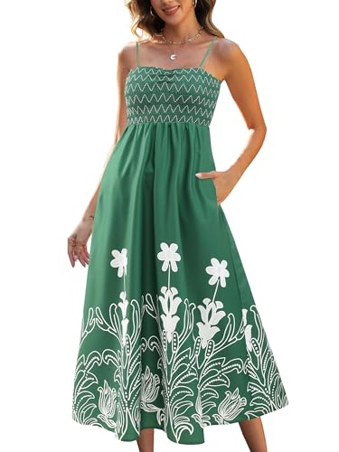 Image of Gardenwed Women's Floral Print Maxi Dress,Spaghetti Strap Smocked Bodice A-Line Sundress with Pockets