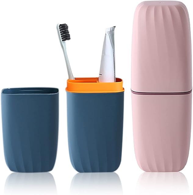 2PCS Travel Toothbrush Cup, Portable Dust-proof Wash Cup Holder, 2 Colors Toothbrush and Toothpaste Holder Organizer for Travel Camping Bathroom School Outdoor (Blue and Pink)