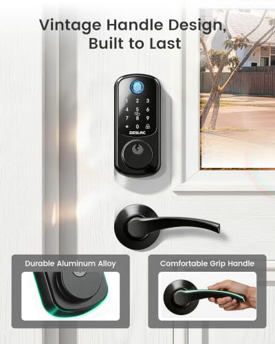 Image of DESLOC B200 Fingerprint Smart Lock with 2 Lever Handles, Keyless Entry Front Door Lock Set, Electronic Keypad Deadbolt, App Control, Auto Lock, Long Battery Life,Matte Black