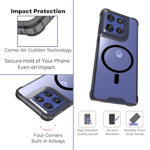 Image of RIGGEAR Shockproof Clear Hybrid Armor Magnetic Back Cover Case Compatible with MagSafe Accessories for Motorola Moto Edge 60 Stylus 5G (Clear-Black TPU Bumper + Transparent PC)