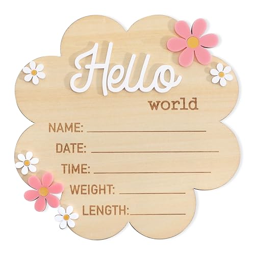 Hello World Newborn Sign - Wooden Baby Name Announcement Board,