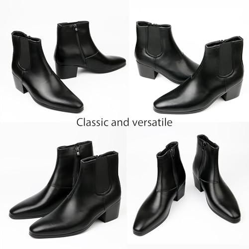 Image of Men'S Classic Leather Chunky Heel Chelsea Boots With Side Zipper Fashion Pointed Toe Elastic Band High Top Block High Heel Formal Chukka Booties For Casual Business Party Wedding
