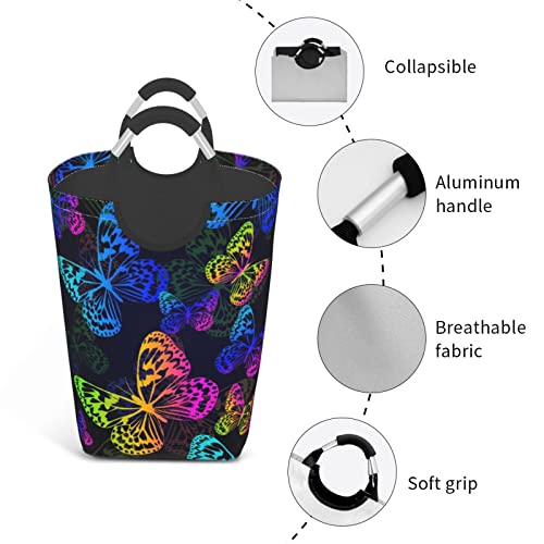 Bokekang Large Laundry Basket,Blue Abstract Flying Multicolored Butterflies On Black Animals Wildlife Butterfly Pink Beautiful,Laundry Hamper Collapsible Organizer Bin With Handles Dirty Basket #TOP3