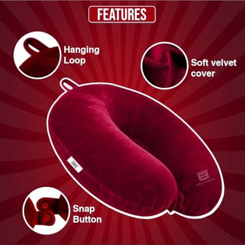 Image of CRAE Travel Neck Pillow for Men & Women | Soft Fibre Cushion for Flight, Car & Train | Soft Velvet Fabric with Attachable Snap Strap | Cervical Support for Neck Pain Relief.Pack of 1(Maroon)