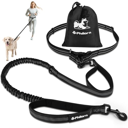 Philorn Joggingleine für Hunde, Freihändig Laufleine für Große/Mittelgroße Hunde zum Joggen Laufen Wandern, Bauchgurt Hundeleine mit Dual Griffe, Reflektierende Nähte, Bauchgurt Schwarz