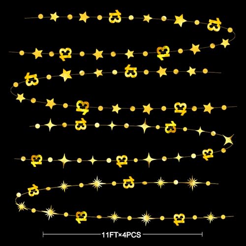 Image of Gold 13th Birthday Decorations Number 13 Circle Dot Twinkle Star Garland Metallic Hanging Streamer Bunting Banner Backdrop Girls Boys 13 Years Old Birthday Thirteen Official Teenager Party Supplies