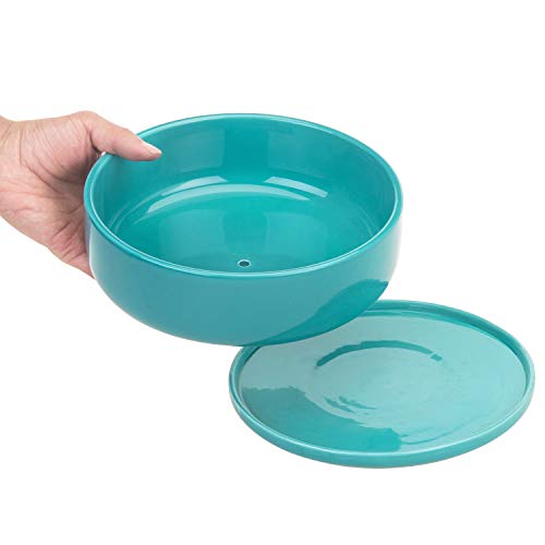 Mygift 8 Inch Turquoise Ceramic Indoor Planter Container With Drainage Hole And Removable Drip Tray, Round Succulent Cactus Herb Window Garden Plant Pot #TOP5