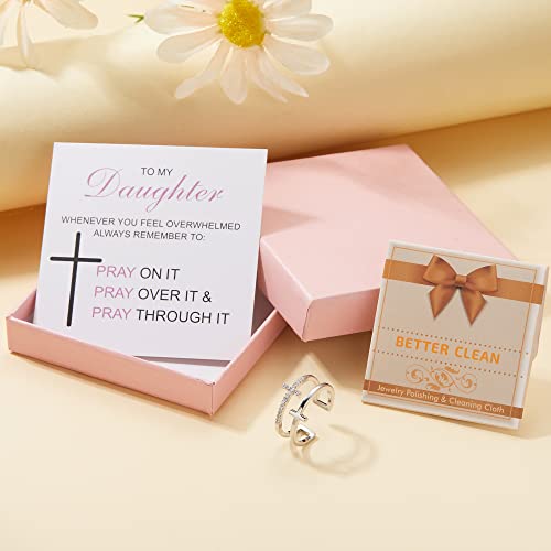 Harlermoon To My Daughter Ring-Pray Through It Cross Ring Double Cross Adjustable Baptism Ring Silver Gold Cz Diamond Creative Wedding Commitment Ring For Woman（Silver） #TOP5
