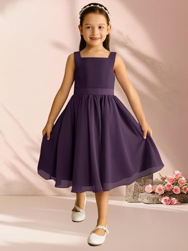 Square Neck Chiffon Flower Girl Dresses for Wedding A-line Tea Length First Communion Dress3