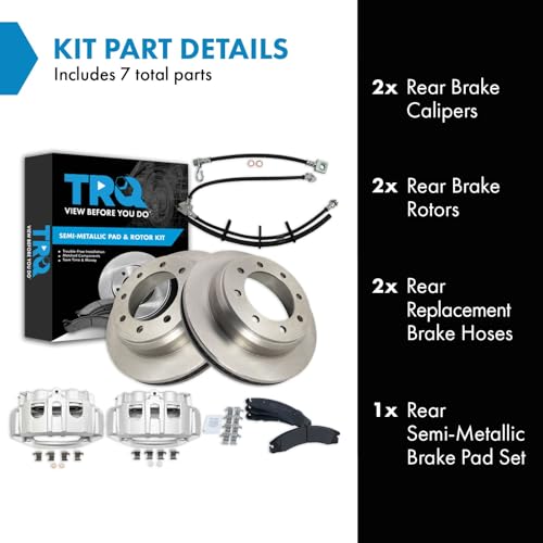 Image of TRQ Rear Brake Pad, Caliper, Hose, & Rotor Kit Semi-Metallic Compatible with 2008-2014 Ford E-150 E-250 2015-2019 E-350 Super Duty