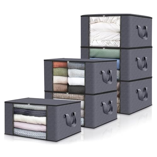 TerraShine 衣類収納ケース 6個組 衣装ケース 布団収納ケース 毛布収納袋 透明窓付き 折り畳み式 大容量 防湿 防塵 衣類収納 洋服収納（グレー）