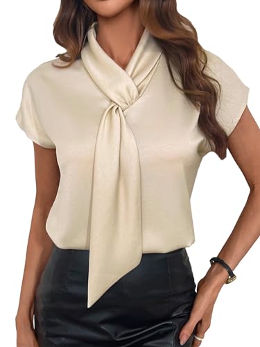 OYOANGLE Women's Silky Satin Tie Neck Blouse Dressy Business Casual Shirt