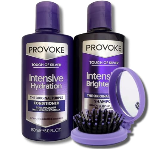 Provoke Touch Of Silver Purple Shampoo & Conditioner Set (150ml x2) with Travel Brush – Brightens Blonde, Silver & Grey Hair Shampoo & Keratin Repair Conditioner for Brassiness