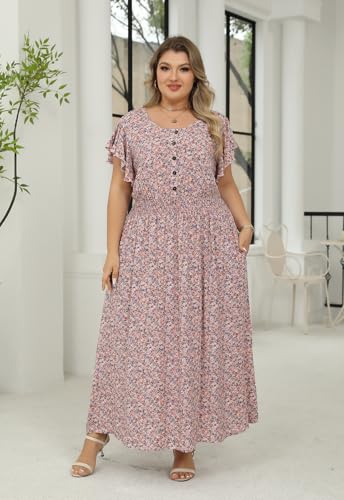Image of Nemidor Womens Plus Size Boho Ditsy Floral Print Casual Smocked Flared Maxi Long Dress with Pocket
