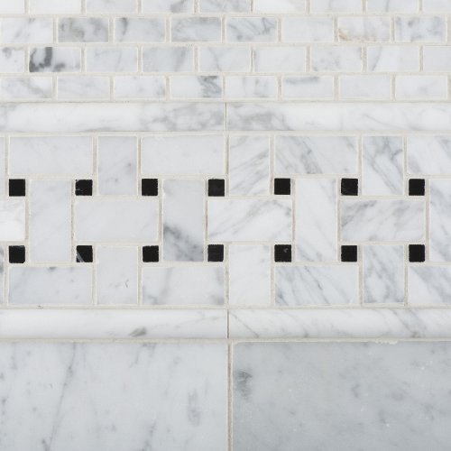 Bianco Carrara White Marble Honed Basketweave Mosaic Tile With Black Dots - 6" X 6" Sample #TOP5