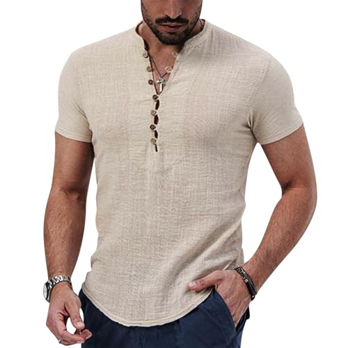 Puimentiua Men's Linen Shirts Short Sleeve Casual Henley Summer Beach Shirt for Men Lightweight Buttons