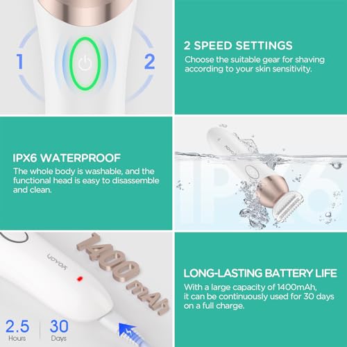 VOYOR Lady Shavers for Women Bikini Trimmer 4 in 1 Cordless Electric Razor Rechargeable Wet & Dry Lady Shaver with 2 Speeds for Full Body, Pubic Hair Trimmer,Cleansing,Massage ES501 (Champagne Gold) - Image 5