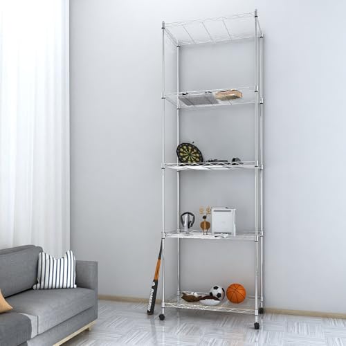 Homdox 5 Tier Steel Wire Shelving Unit on Wheels,Chrome Shelves for Garage Kitchen Living Room,Heavy Duty Shelving Rack, 23.2 x 13.8 x 72 inch (L x W x H)