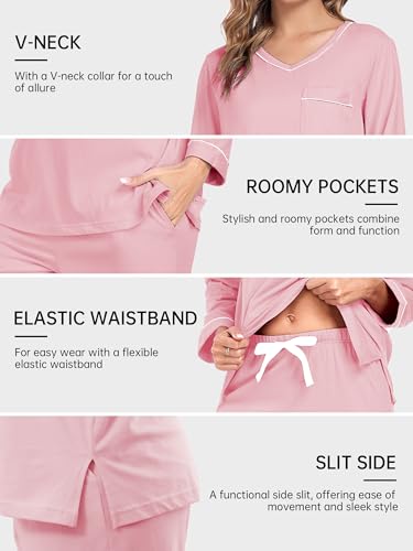 Image of COLORFULLEAF 100% Cotton Pajama Set for Women Long Sleeve Sleepwear with Pants Soft Comfy Two-Piece Pjs with Pockets