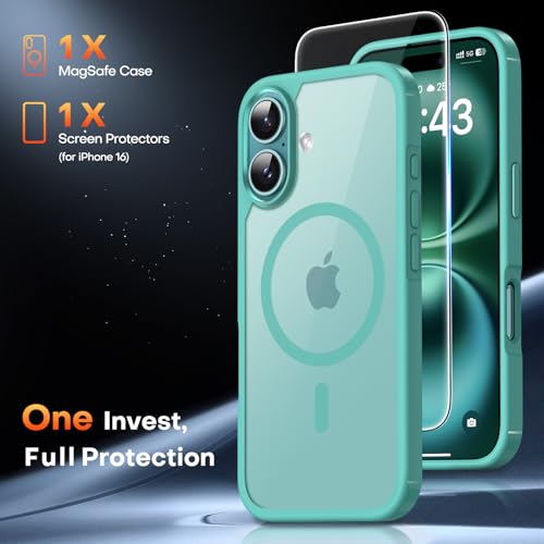 Image of TAURI for iPhone 16 Case, Compatible with MagSafe, Green | with Screen Protector, Not-Yellowing Military-Grade Protection, Shockproof Slim Magnetic Case for iPhone 16