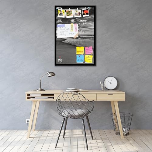 Image of ArtzFolio Sea, Air, & Land Monochrome Contrast | Bulletin Board Notice Pin Board | Vision Soft Board Combo with Thumb Push Pins & Sticky Notes | Black Frame | 12 x 18 inch (30 x 46 cms)