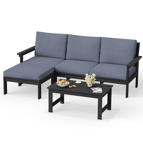 SERWALL Outdoor Sectional Sofa Set, 5-piece Outdoor Modula Couch Set with Ottoman, All Weather Patio Furniture Set with Chaise for Deck, Lawn, Black Frame with Gray Cushion