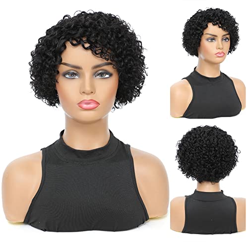 Ishine Curly Wig Human Hair Wigs, 8 Inch Short Bob Pixie Cut Brazilian Human Hair Wig, Black Afro Kinky None Lace Front Wigs For Women, Deep Wave Side Part Wig With Wig Cap #TOP8