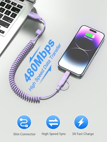 Cable USB C y Lightning en espiral de 60W para Apple CarPlay y Android Auto corto 6