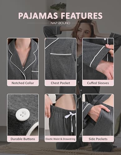NAP BOUND 100% Cotton Pajamas for Women 2 Piece PJs Set Purple L Long Sleeve with 3 Pockets Button Down Sleepwear - Image 5