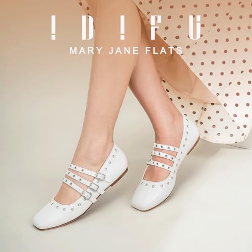 IDIFU Mary Jane Flats Square Toe Strappy Three Staps Ballet Flats Dress Shoes Vintage Bridal Ladies Dressy Comfortable Casual Formal Cute Flats Work Wedding Evening Flat Shoes2