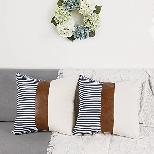 Cygnus Set Of 2 Farmhouse Decor Stripe Patchwork Linen Throw Pillow Covers,Modern Tan Faux Leather Accent Pillow Covers 18X18 Inch,Navy Blue #TOP2
